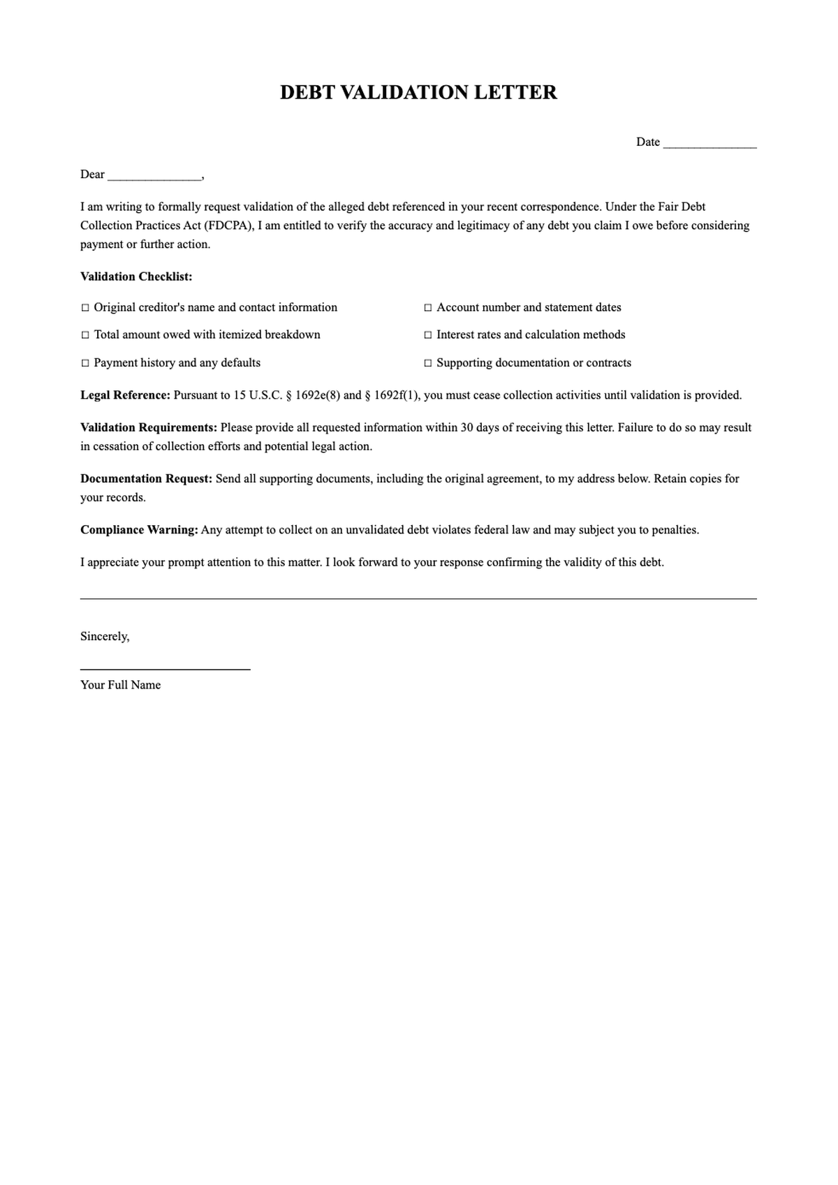 Debt Validation Letter template with instructions and legal notice_variant_1
